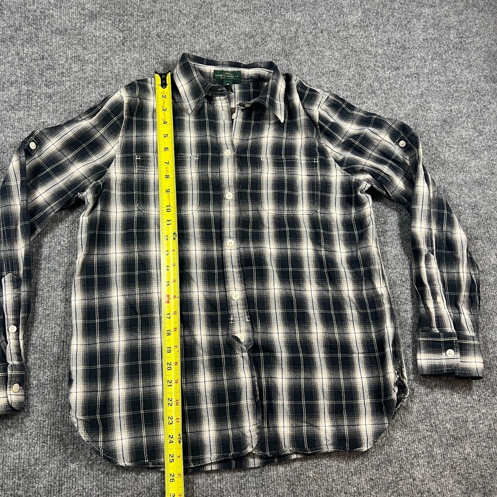 Ralph Lauren Flannel Shirt Women Medium Black White Plaid Cotton Roll Tab Sleeve - Picture 4 of 12
